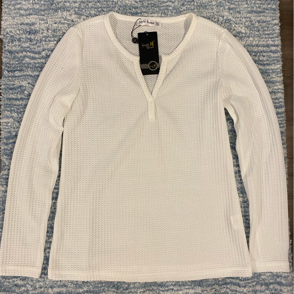 Style Dome White V-Neck Waffle Style Shirt - NWT